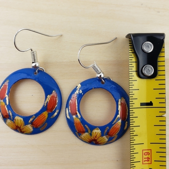 HANDMADE Dangle Earrings Copper Handpainted Blue Mexican Floral Earrings - Picture 4 of 6